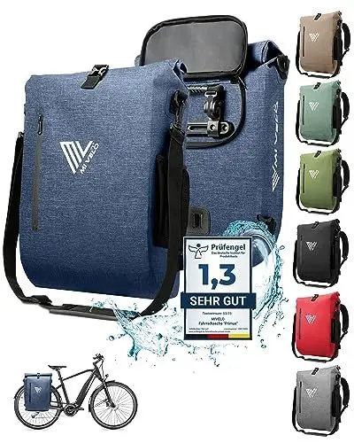 Produktbild: MIVELO - 3in1 Fahrradtasche für Gepäckträger, 100% wasserdicht & PVC-frei, Fahrradtasche Rucksack & Umhängetasche, Fahrrad Tasche Gepäckträgertasche (Jeans-blau, 20L)
