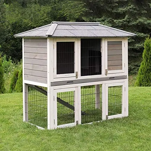 Produktbild: Miweba MyAnimal Hasenstall MH-28 | 116x63x116 cm - Kaninchenstall mit Freilaufgehege - Doppelstockhaus 2 Ebenen - Hasenkäfig - Imprägniert - Kaninchenkäfig Winterfest - Indoor und Outdoor (Grau/Weiß)