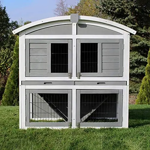 Produktbild: Miweba MyAnimal Hasenstall MH-33 | 118x55x105 cm - Kaninchenstall mit Freilaufgehege - Doppelstockhaus 2 Ebenen - Hasenkäfig - Imprägniert - Kaninchenkäfig Winterfest - Indoor und Outdoor (Grau/Weiß)