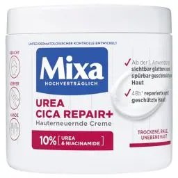 Produktbild: Mixa Urea hauterneuernde Creme mit Urea & Niacinamide, für trockene und raue und unebene Haut, repariert und glättet, Feuchtigkeitspflege für den Körper, Hände und Gesicht, Urea Cica Repair+, 400 ml