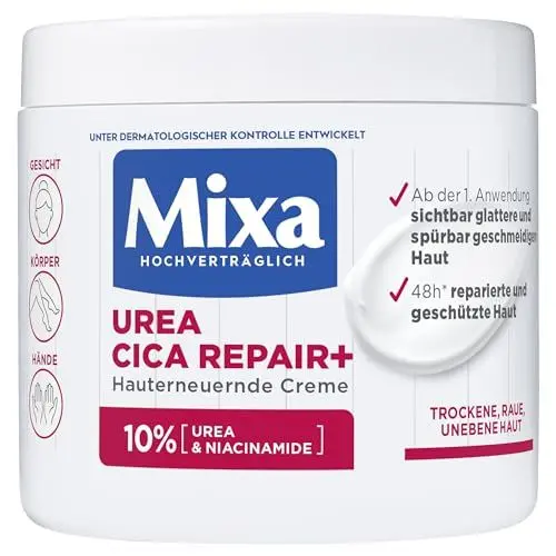 Produktbild: Mixa Urea hauterneuernde Creme mit Urea & Niacinamide, für trockene und raue und unebene Haut, repariert und glättet, Feuchtigkeitspflege für den Körper, Hände und Gesicht, Urea Cica Repair+, 400 ml
