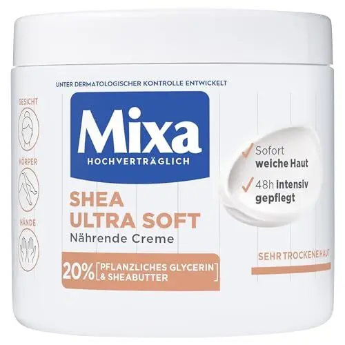 Produktbild: Mixa Shea nährende Creme, für Gesicht, Körper & Hände mit 20% pflanzlichem Glycerin & Sheabutter für sehr trockene Haut, für die ganze Familie, pflegend & feuchtigkeitsspendend Shea Ultra Soft, 400ml