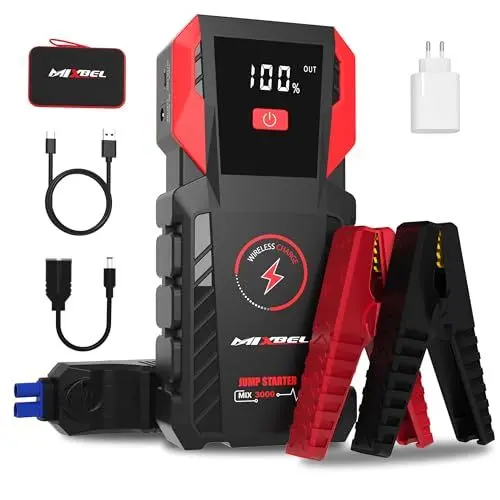 Produktbild: MIXBEL Starthilfe Powerbank, 3000A Spitzenstrom 12V Auto Starthilfe Powerbank 24000 mAh für bis zu 8L Benzin oder 8L Dieselmotor Starter Powerbank mit LED-Licht, USB QC 3.0, Kabelloses Laden