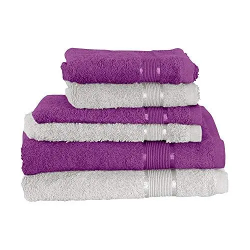 Produktbild: Mixibaby 6 TLG. Handtuchset 2X Handtuch 2X Gästetuch 2X Waschlappen Lila mit Farbkombi, Farbe:Grau