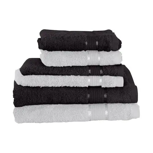Produktbild: Mixibaby 6 TLG. Handtuchset 2X Handtuch 2X Gästetuch 2X Waschlappen Schwarz mit Farbkombi, Farbe:Weiss