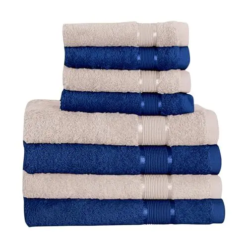 Produktbild: Mixibaby 8 TLG. Handtuchset 4X Duschtuch 4X Gästetuch Beige mit Farbkombi, Farbe:Dunkelblau