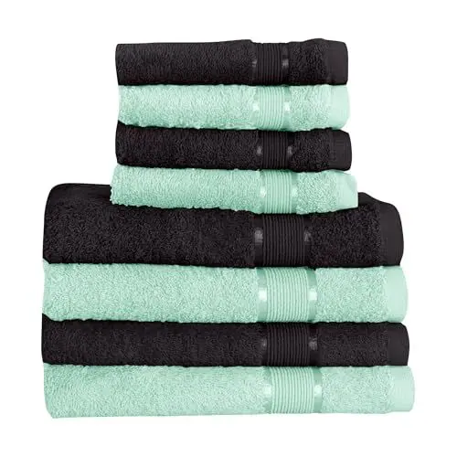 Produktbild: Mixibaby 8 TLG. Handtuchset 4X Duschtuch 4X Gästetuch Schwarz mit Farbkombi, Farbe:Mint