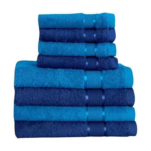 Produktbild: Mixibaby 8 TLG. Handtuchset 4X Handtuch 4X Gästetuch Blau mit Farbkombi, Farbe:Dunkelblau