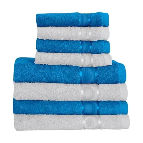 Produktbild: Mixibaby 8 TLG. Handtuchset 4X Handtuch 4X Gästetuch Blau mit Farbkombi, Farbe:Weiss