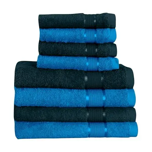 Produktbild: Mixibaby 8 TLG. Handtuchset 4X Handtuch 4X Gästetuch Dunkelgrün mit Farbkombi, Farbe:Blau