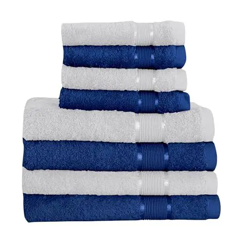 Produktbild: Mixibaby 8 TLG. Handtuchset 4X Handtuch 4X Gästetuch Weiß mit Farbkombi, Farbe:Dunkelblau
