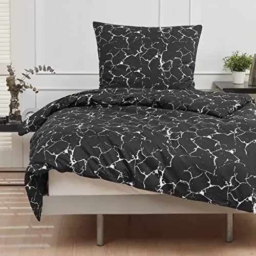 Produktbild: Mixibaby Bettwäsche Bettgarnitur Bettbezug Bedruckt Baumwolle 135x200 155x220 200x200, Größe:200 x 220 cm, Design Bettwäsche:Marmor Schwarz