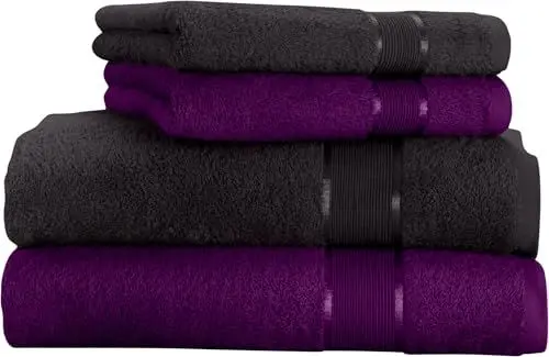 Produktbild: Mixibaby Handtuchset 4 TLG. Handtuch Duschtuch Baumwolle Schwarz mit Farbkombination, Farbe:Violett