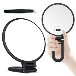 Produktbild: MIYADIVA 30X Vergrößerungsspiegel, Handspiegel mit Griff, doppelseitiger Handspiegel mit 30X/1X Vergrößerung, unentbehrlicher Reisespiegel, Faltbarer Schminkspiegel für Präzisions Makeup Mattschwarz