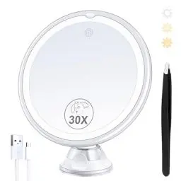 Produktbild: MIYADIVA Beleuchteter Makeup-Spiegel mit 30-facher Vergrößerung, 30X Vergrößerungsspiegel Saugnapf mit Licht, 3 Farben Modi und einstellbare Helligkeit, Saugnapf Spiegel für Vanity Mirror 1500mAh
