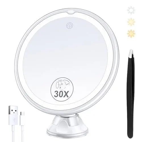 Produktbild: MIYADIVA Beleuchteter Makeup-Spiegel mit 30-facher Vergrößerung, 30X Vergrößerungsspiegel Saugnapf mit Licht, 3 Farben Modi und einstellbare Helligkeit, Saugnapf Spiegel für Vanity Mirror 1500mAh