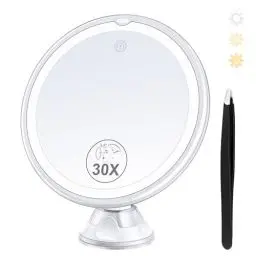 Produktbild: MIYADIVA Vergrößerungsspiegel mit Licht 30X, 30X Vergrößerung Make-up-Spiegel für Präzision Make-up, 3 Farben Modi und einstellbare Helligkeit, 360°Rotating Saugnapf Spiegel für Bad Spiegel 8 Zoll