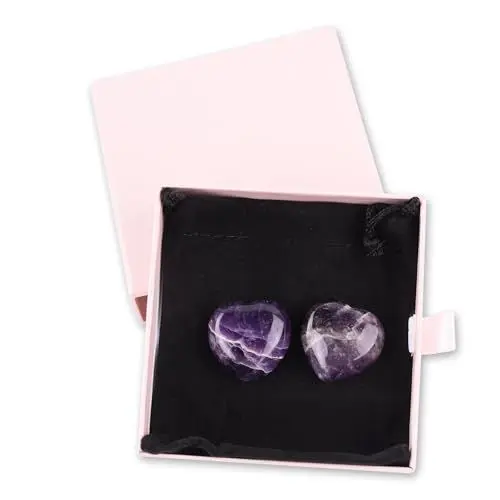 Produktbild: MIYUANGKJ 2 Stücke 30mm Klein Amethyst Herz mit Rosa Geschenkbox Geschenk Mama Kristalle Stein Gua Sha Palm Tasche Edelsteine Kristall Steine Meditation Liebe Reiki Energie Balancing Meditation