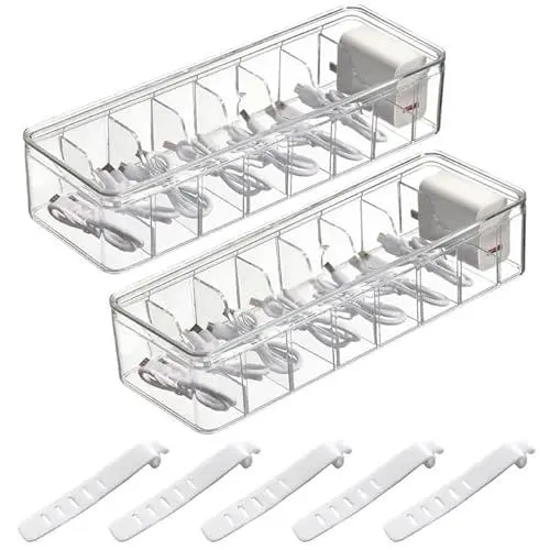 Produktbild: MIYUANGKJ Kabel Aufbewahrungsbox, 2 Stück Kabel Organizer Box mit Deckel 8 Fächer mit 30 Kabelbindern, Transparenter Cable Management Box für Schreibtisch Aufbewahrung, Büro, Heimgebrauch