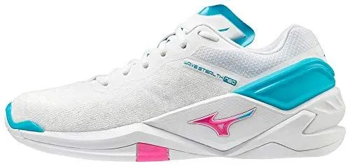 Produktbild: Mizuno Damen Wave Stealth Neo Handballschuh, White/PinkGlo/BlueAtoll, 44 EU