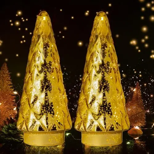 Produktbild: MJ PREMIER Glas Weihnachtsbaum, 2er Set Mini Weihnachtsbaum mit LED Batteriebetrieben Tischleuchte& Timer, Glas Künstlicher Tannenbaum, Weihnachtsdeko Weihnachts Desktop Dekoration (Gold)