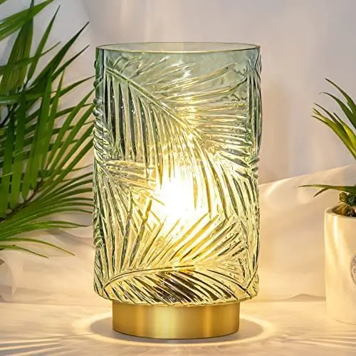 Produktbild: MJ PREMIER Tischlampe Kabellos, Mobile Tischleuchte Glas Tischlampe mit Timerfunktion, Dekorative Batteriebetrieben Nachttischlampe, Glaslampe ohne Kabel für Schlafzimmer Wohnzimmer (L-Hellgrün)