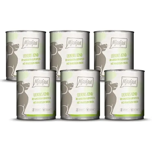 Produktbild: MjAMjAM - Premium Nassfutter für Hunde - leckeres Rind an gekochten Kartoffeln mit knackigen Erbsen, 6er Pack (6 x 800 g), naturbelassen mit extra viel Fleisch