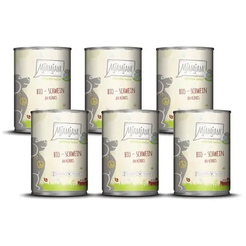 Produktbild: MjAMjAM – Premium Nassfutter für Hunde - natürlich lecker – Bio Schwein an Kürbis,6er Pack (6 x 400g), getreidefrei mit extra viel Fleisch