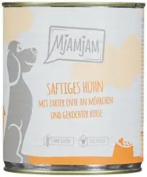 Produktbild: MjAMjAM - Premium Nassfutter für Hunde - saftiges Huhn mit zarter Ente an Möhrchen und gekochter Hirse, 6er Pack (6 x 800 g), naturbelassen mit extra viel Fleisch