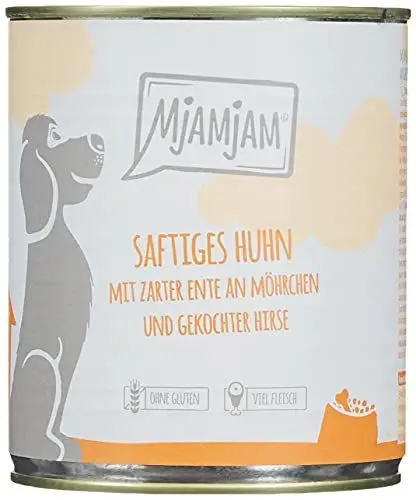 Produktbild: MjAMjAM - Premium Nassfutter für Hunde - saftiges Huhn mit zarter Ente an Möhrchen und gekochter Hirse, 6er Pack (6 x 800 g), naturbelassen mit extra viel Fleisch