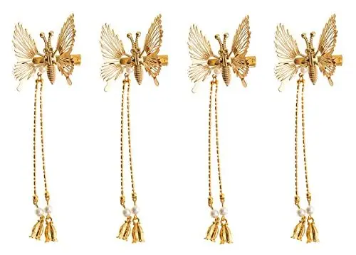 Produktbild: MJARTORIA Blumen Haarklammer Groß Metall Strass, Schmetterling Haarspange Damen mit Perlen, Rutschfestes Haarschmuck Clips für Dünnes Haar Dickes Haar Accessoires (Schmetterling Gold 4Pcs)