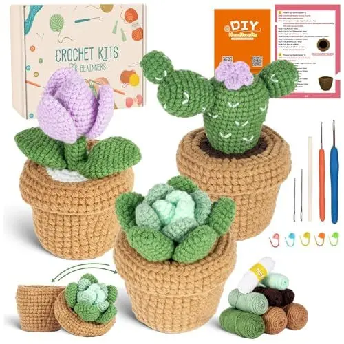 Produktbild: MJARTORIA Häkelset für Anfänger Tiere, Häckeln Stricken für Anfänger Set mit Anleitung Häkelnadeln Garn, Kreativ Strickset Bastelset Erwachsene Kinder Geschenk(braun grün lila)
