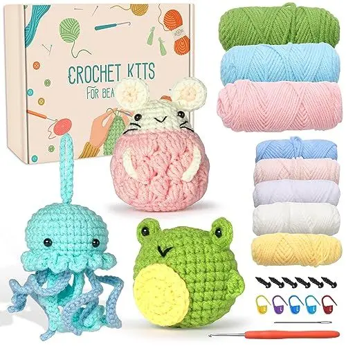 Produktbild: MJARTORIA Häkelset für Anfänger Tiere, Häckeln Stricken für Anfänger Set mit Anleitung Häkelnadeln Garn, Kreativ Strickset Bastelset Erwachsene Kinder Geschenk(rosa blau grün)