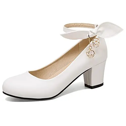 Produktbild: MJIASIAWA Brautschuhe Knöchelriemchen Damen Closed Toe Blockabsatz Pumps Bows Elegant Mitte Absatz Abend Prom Kleid Schuhe Weiß Gr 38 EU/39 Asiatisch
