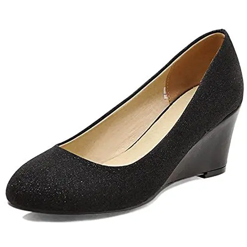 Produktbild: MJIASIAWA Bride Closed Toe Elegant Hochzeit Ohne Verschluss Keilabsatz Pumps Glitzer Abend Mode Mitte Absatz Comfy Kleid Pumps Schwarz Gr 38 EU/39 Asiatisch