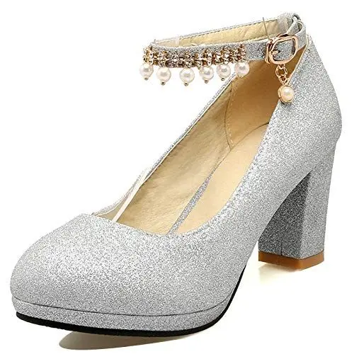 Produktbild: MJIASIAWA Bride Hochzeit Glitzer Blockabsatz Knöchelriemchen Pumps Kleid Damen Höhe Ferse Abend Prom Plateau Pumps Silber Gr 42 EU/44 Asiatisch