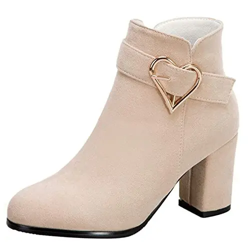 Produktbild: MJIASIAWA Damen Blockabsatz Hochzeit Kleid Winter Warm Stiefeletten Reißverschluss Schnalle Elegant Bridesmaid Höhe Ferse Chelsea Stiefel Beige Gr 38 EU/39 Asiatisch