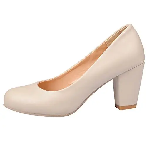 Produktbild: MJIASIAWA Damen Buro Arbeit Abend Kleid Closed Toe Blockabsatz Pumps Formal Höhe Ferse Party Bridal Ohne Verschluss Mode Schuhe Beige Gr 38 EU/39 Asiatisch