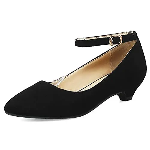 Produktbild: MJIASIAWA Damen Buro Arbeit Kitten Heel Pointed Toe Knöchelriemchen Pumps Niedrige Absatz Comfy Formal Kleid Klassischer Pumps Schwarz Gr 44 EU/46 Asiatisch