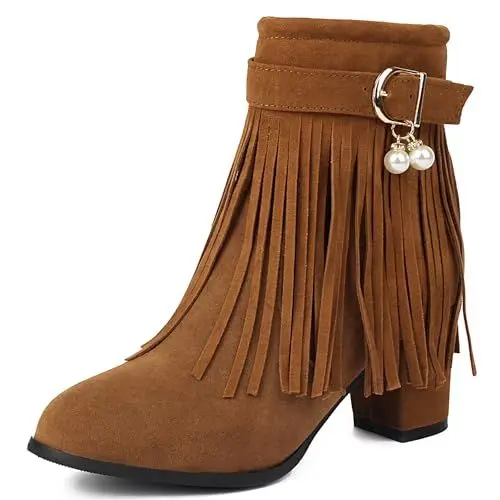 Produktbild: MJIASIAWA Damen Chelsea Franse Stiefeletten Blockabsatz Runde Zehen Winter Leisure Schnalle Winter Stiefeletten Reißverschluss Höhe Ferse Riding Romisch Gelb Gr 33 Eu