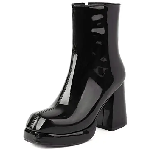 Produktbild: MJIASIAWA Damen Chunky Heel Winter Party Prom Mode Plateau Lack Stiefeletten Abend Kleid Winter Warm Chelsea Stiefeletten Schwarz Gr 38 EU/39 Asiatisch