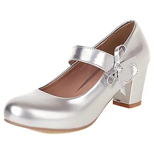 Produktbild: MJIASIAWA Damen Closed Toe Blockabsatz Bows Knöchelriemchen Mary Jane Pumps Hochzeit Glitzer Elegant Kleid Abend Prom Schuhe Silber Gr 40 EU/41 Asiatisch