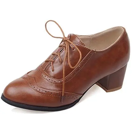 Produktbild: MJIASIAWA Damen Closed Toe Klassischer Buro Arbeit Blockabsatz Brogue Pumps Retro Cut Out Mitte Absatz Leisure Oxford Pumps Gelb Gr 45 EU/47 Asiatisch