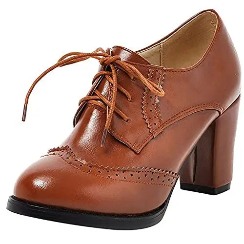 Produktbild: MJIASIAWA Damen Closed Toe Klassischer Schnüren Buro Leisure Blockabsatz Pumps Brogue Business Arbeit Retro Höhe Ferse Pumps Gelb Gr 39 EU/40 Asiatisch