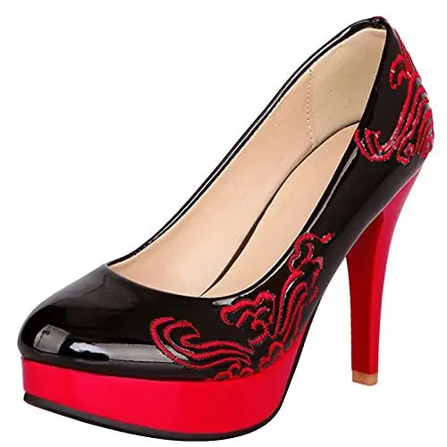 Produktbild: MJIASIAWA Damen Closed Toe Ohne Verschluss Klassischer Embroiderot Stiletto Pumps Abend Höhe Ferse Kleid Plateau Schuhe Schwarz Gr 43 EU/45 Asiatisch