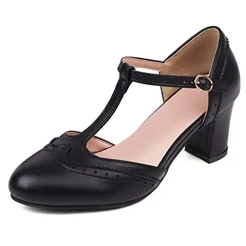Produktbild: MJIASIAWA Damen Closed Toe T Strap Brogue Sandalen Blockabsatz Elegant Hochzeit Klassischer Sommer Schuhe Comfy Bride Kleid Schwarz Gr 39 EU/40 Asiatisch