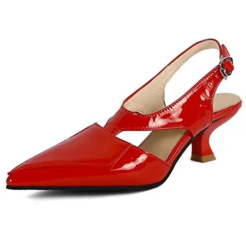Produktbild: MJIASIAWA Damen Kitten Heel Stylish Pointed Lack Slingback Schuhe Komfort Mitte Absatz Formal Abend Pumps Elegant Kleid Rot Gr 41 EU/43 Asiatisch