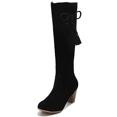 Produktbild: MJIASIAWA Damen Knee Equestrian Franse Klassischer Romisch Reitstiefel Hohen Blockabsatz Winter Retro Leisure Warm Boots Reißverschluss Schwarz Gr 39 EU/40 Asiatisch