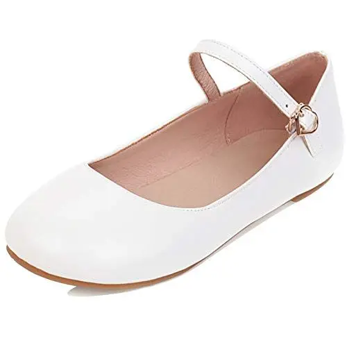 Produktbild: MJIASIAWA Damen Knöchelriemchen Mary Jane Flats Ballerinas Dolly Schuhe Schnalle Leisure Walking Comfy Runde Zehen Damen Ballet Flach Weiß Gr 40.5 EU/42 Asiatisch
