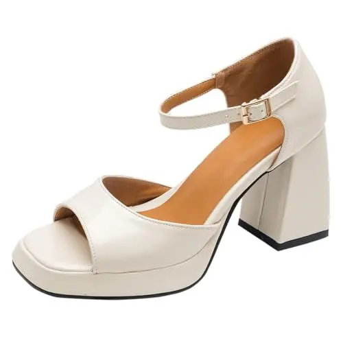 Produktbild: MJIASIAWA Damen Mode Plateau Chunky Heel Lack Sandalen Bride Sommer Hochzeit Knöchelriemchen Elegant Peep Toe Formal Schuhe Beige Gr 35 Eu